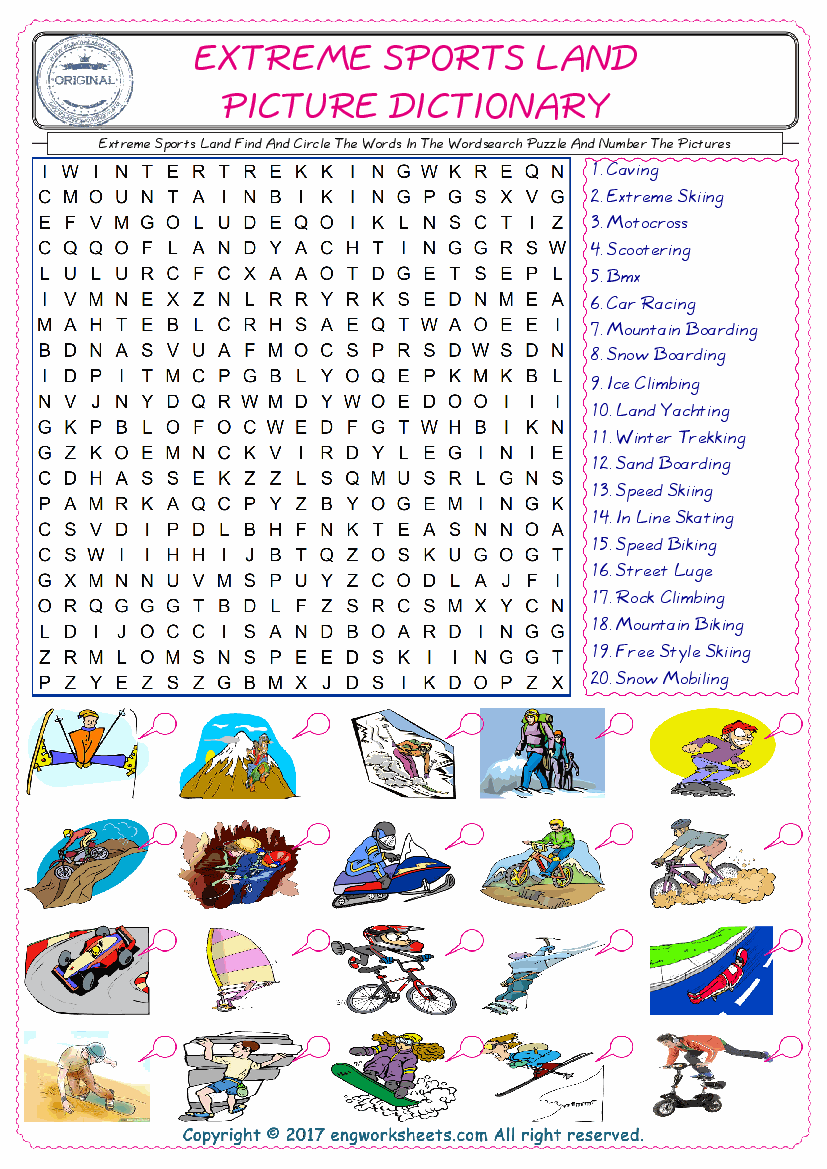  ESL wordsearch worksheets for kids, find Extreme Sports Land words in the word wordsearch write its number on its picture English worksheet. 